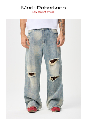 Mark Robertson25AW刀割浅蓝色水洗牛仔裤宽松直筒休闲百搭男女