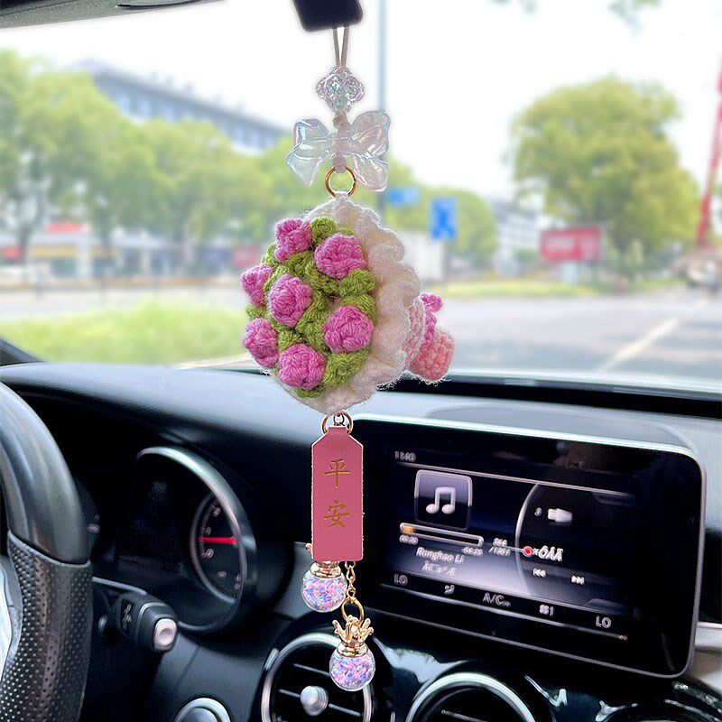 汽车挂件手工钩织玫瑰花平安车内吊饰车载后视镜挂饰吊坠车上装饰