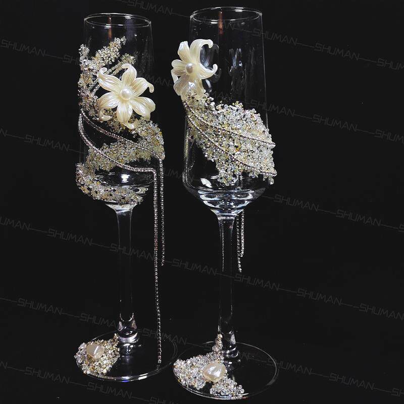 粉色闪粉碎钻敬酒杯香槟杯diy材料包送闺蜜订婚结婚实用新婚礼物