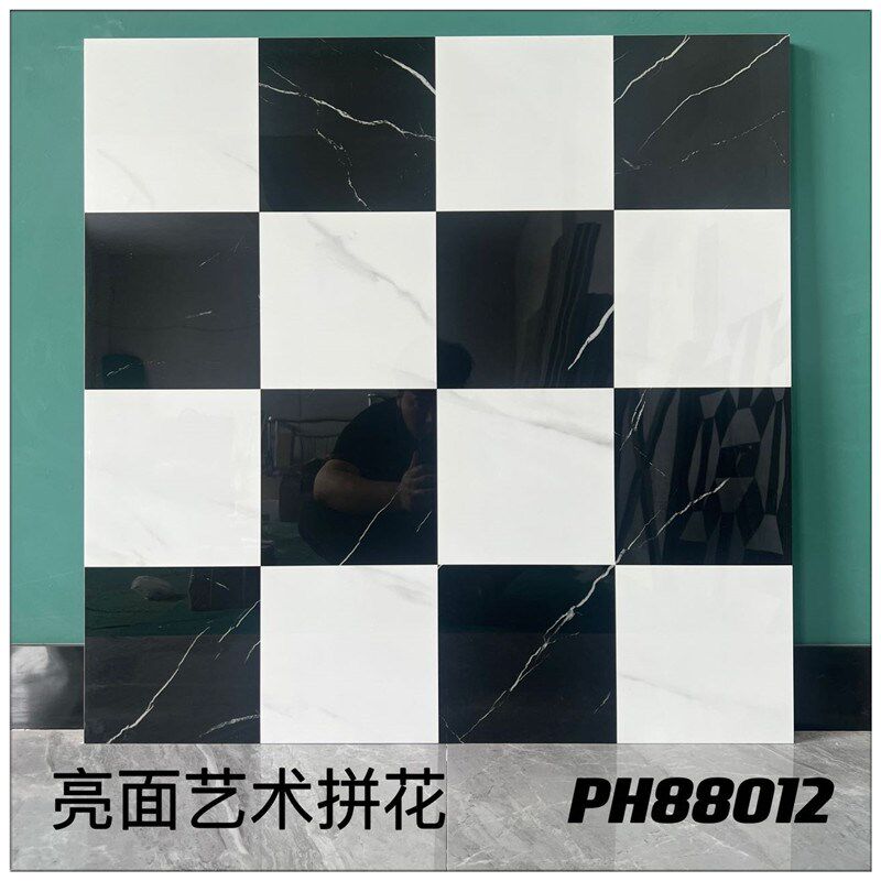亮光黑白拼花瓷砖800800防滑砖理髲店饭厅KTV酒店大堂拼花地砖