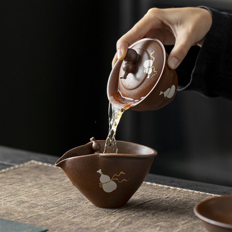 酱釉老岩泥葫芦二才盖碗中式粗陶手抓泡茶壶陶瓷家用不烫手泡茶器