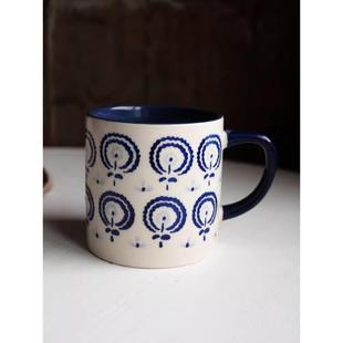 美国LANG设计款 陶瓷手作隔离釉浮雕雕刻图案蓝色马克杯水杯咖啡杯