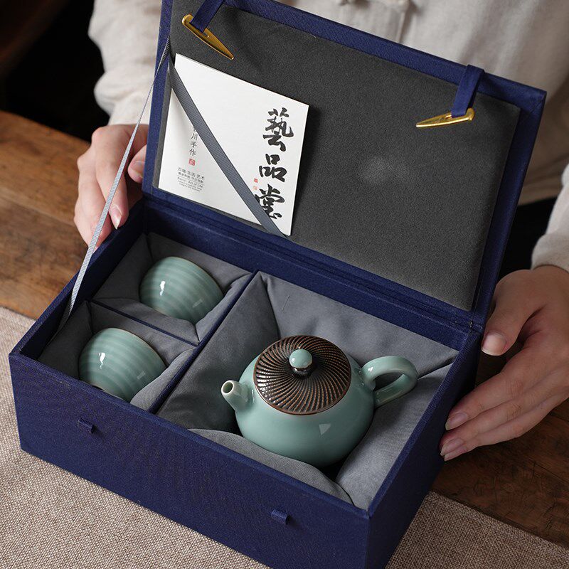 西泠文房手青璇茶具套装1壶2杯龙泉青瓷茶器礼盒中式精品商务礼品