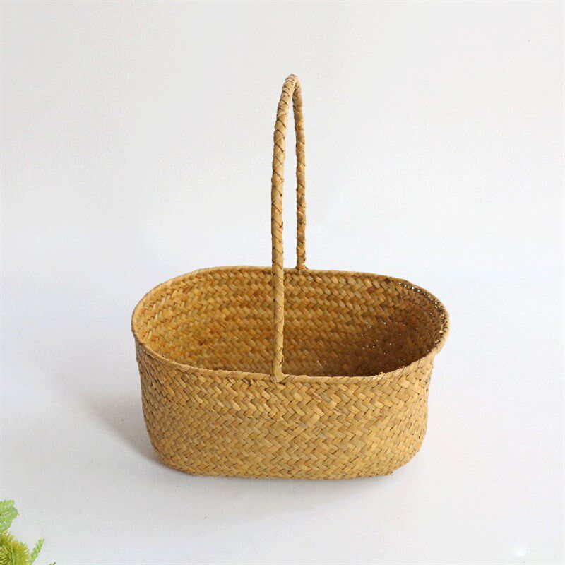 藤编竹编提篮收纳盒海草编收纳箱手工编织草编花篮田园风储物桌面