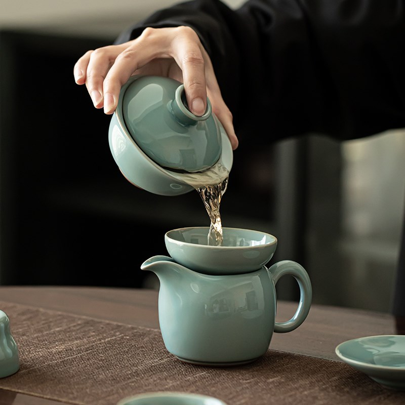 苏氏陶瓷 青瓷茶具套装三才盖碗功夫茶杯加泡茶壶茶具礼盒装