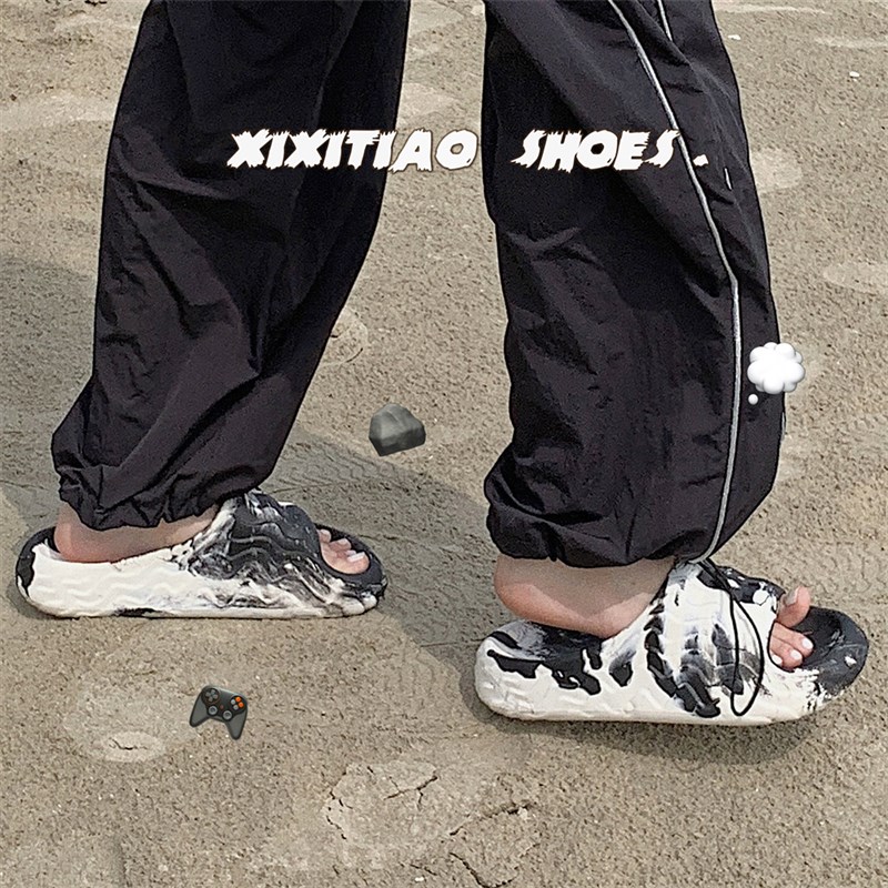 细细条 潮酷黑白撞色拖鞋情侣夏季外穿踩屎感时尚街头运动风凉拖