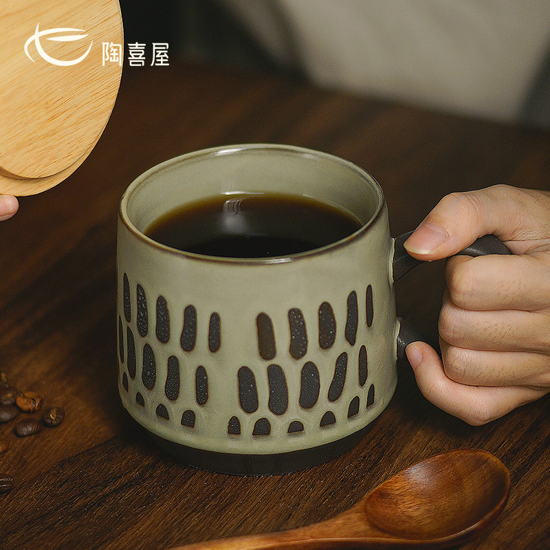 精选陶喜屋日式复古绿咖啡杯子高档精致设计感小众带盖子勺子陶瓷