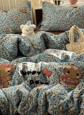 MFF少古女ins复单蓝咖豹纹猫咪毛巾绣水洗棉四套全棉被套件床三件