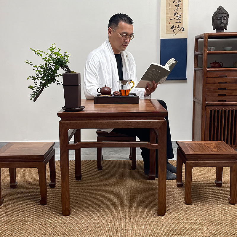精品新中式方桌北美黑胡桃木茶桌阳台小茶几实木象棋桌榆木飘窗围