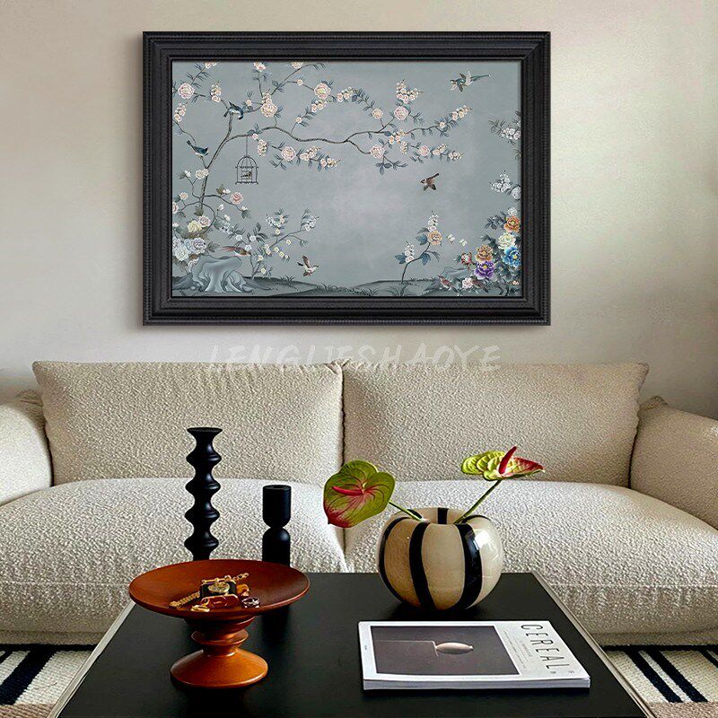 法式中国风复古富贵花鸟t客厅玄关装饰品挂画牡丹花卉艺术手绘油