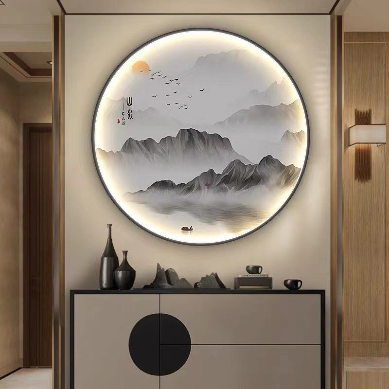 速发餐厅圆形装饰画玄关书房茶室背景墙山水画挂画新灯画壁灯道中图片