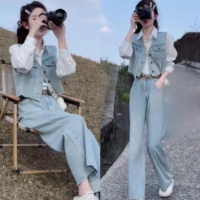 速发小个子牛古复仔套装件袖V领背心马甲+高腰百搭阔腿裤两无套