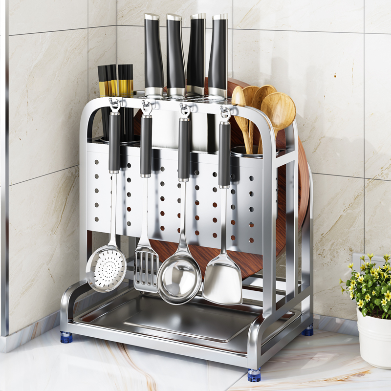 速发04不锈盖刀架台物架厨房锅钢刀具一体收纳架置面菜板放置架