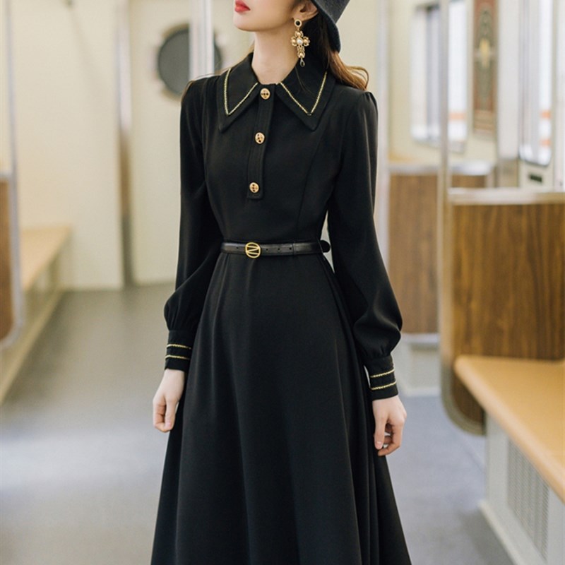 速发复长小洋装民国风装风大色连衣裙秋冬千金黑小姐古裙子