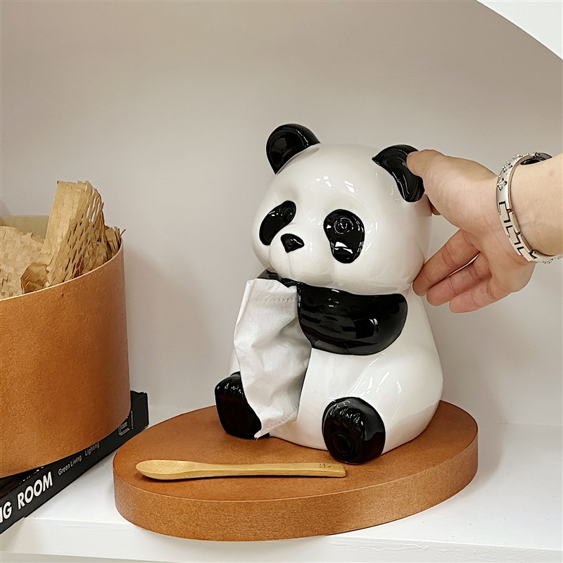 速发创意熊猫厅巾品客纸家用抽纸收纳盒陶瓷餐桌装饰盒摆件高颜值