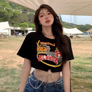 速发短0斤特大码装黑色t恤辣妹性露高腰感脐跳舞0上衣