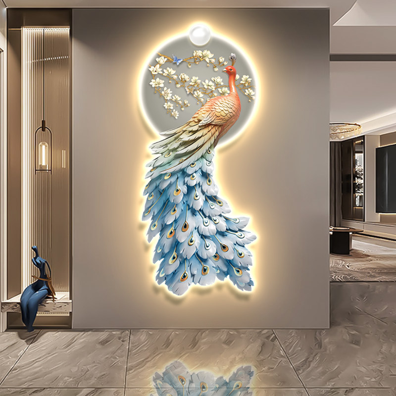 速发新中式入户玄关装饰画轻奢花鸟发光灯画走廊过道壁画孔雀挂画图片