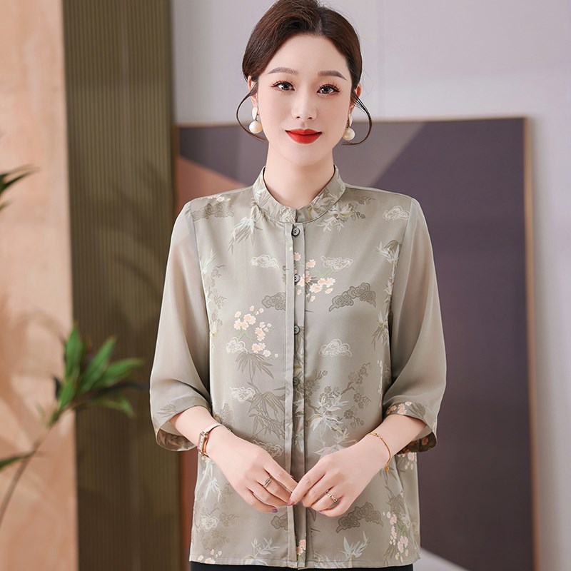 速发胖妈妈夏装碎花50岁中老年大码国风真丝中袖上衣洋气