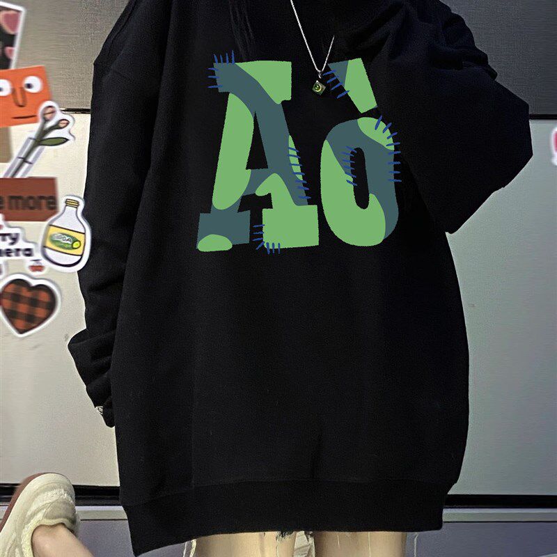现货早秋大码高街oversize圆领黑色H卫衣女小众潮薄款宽松长袖上