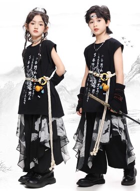 速发新中街少儿潮流式舞hiph国p演出服男孩嘻哈中国风无袖o潮表演