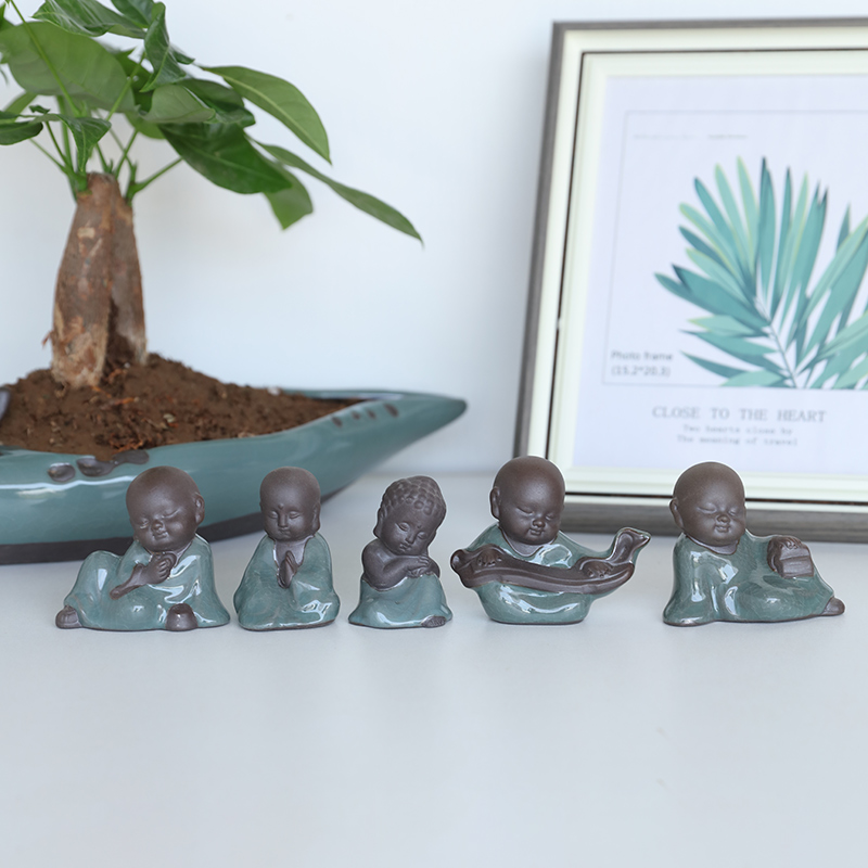 速发紫砂花装茶宠摆件小和尚花盆盆景宠饰哥品窑个性创意禅意园艺