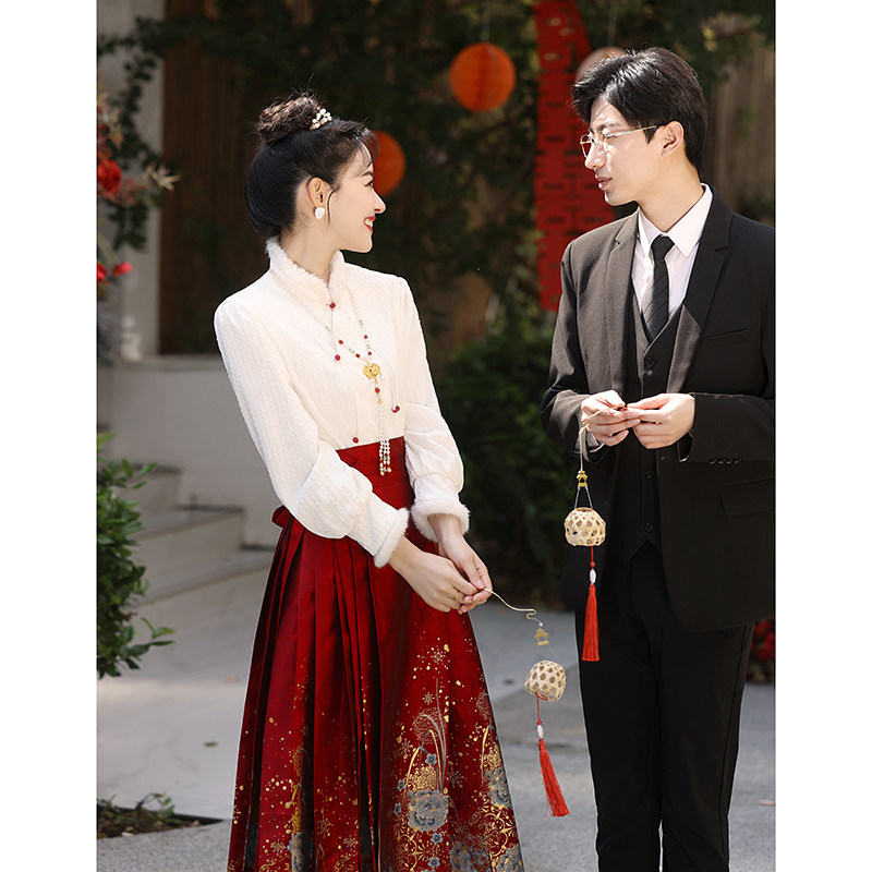 速发孕妇马面裙加酒服新遮秋冬季敬绒厚中式旗袍订婚结婚礼服娘肚