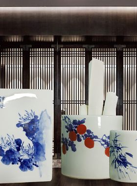 速发景德镇摆瓷笔筒中式大容桶笔量中国风画笔国画方形收纳画缸陶