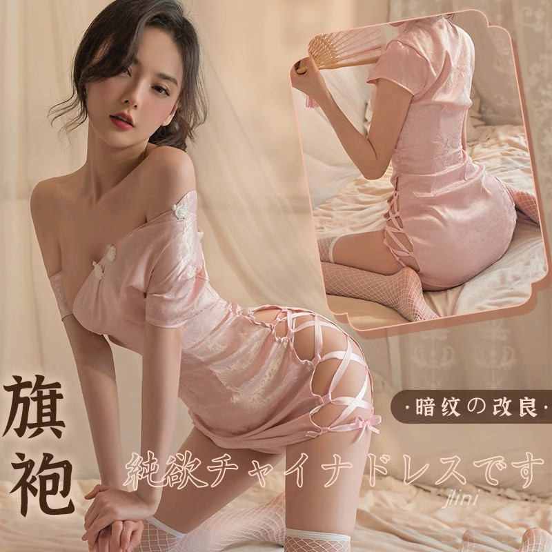 速发高欲风桃花系印花旗袍连衣裙性感纯开叉绑带短裙春禁欲粉装