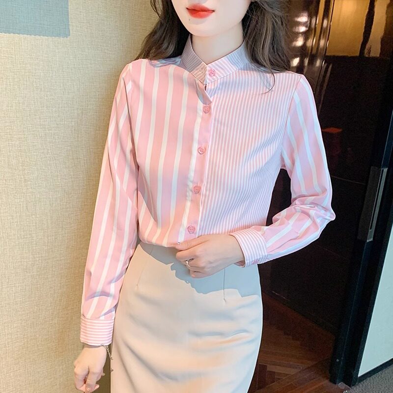 条纹雪纺衬衫女春秋2024新款韩版时尚气质设计感小众立领长袖上衣