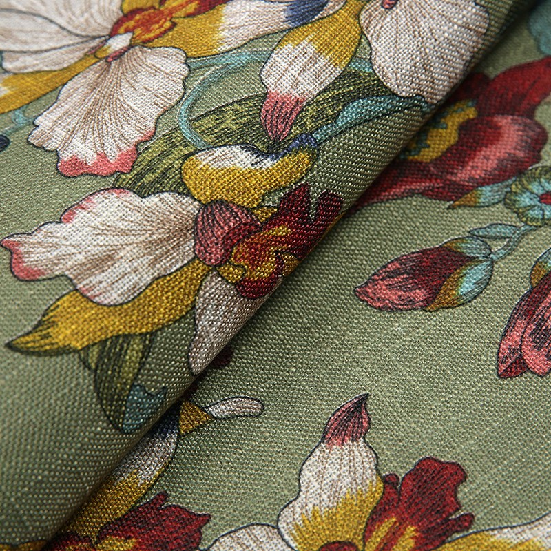 亚麻布印花面料仿棉麻沙发布料 中式花鸟抱枕坐垫.套桌布面料