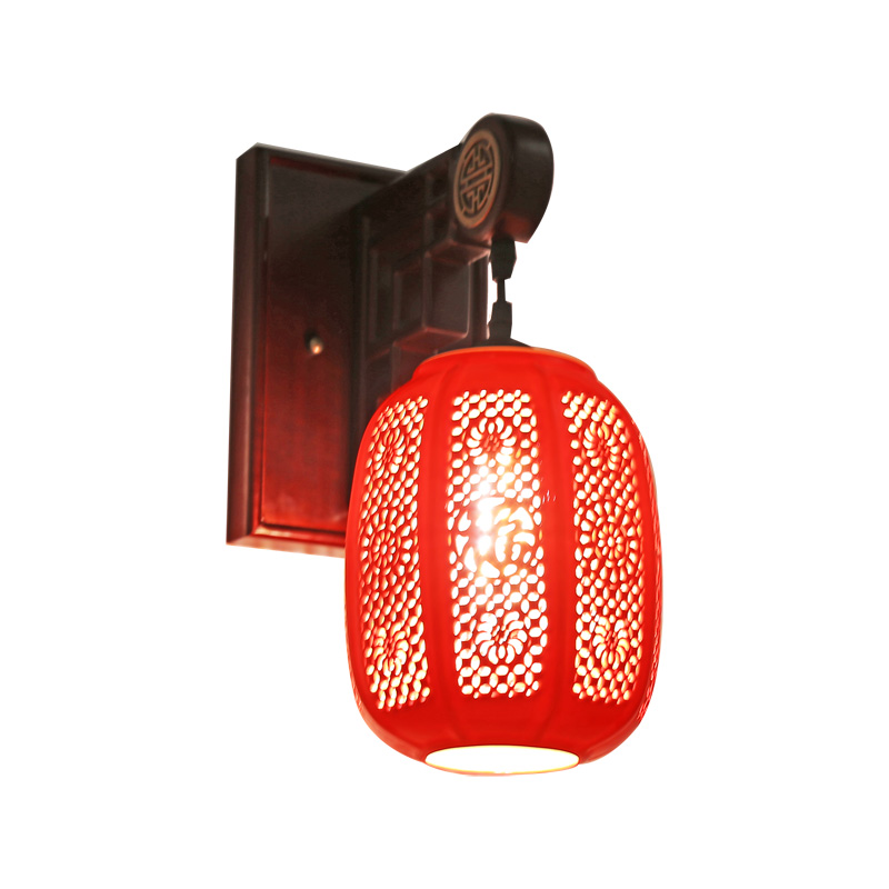 中式壁灯客e厅卧室床头餐厅饭店仿古走廊红色灯笼壁灯陶瓷工程灯