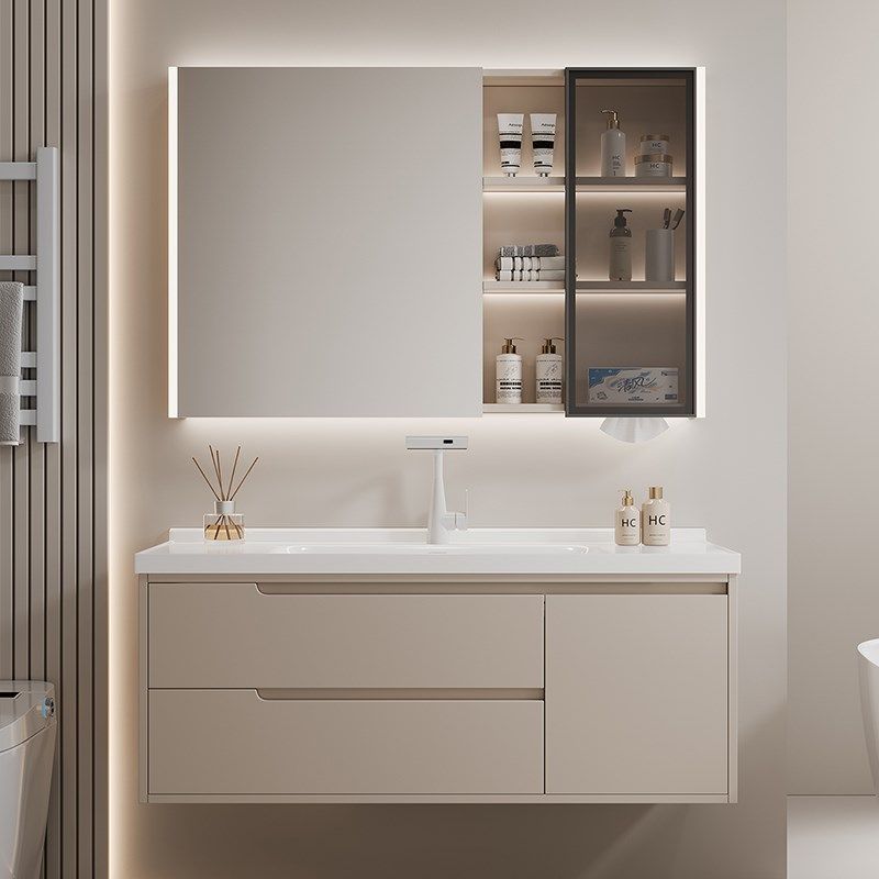 新款奶油风防水浴室柜一体陶瓷盆洗脸盆卫生间洗漱池简约实木智能