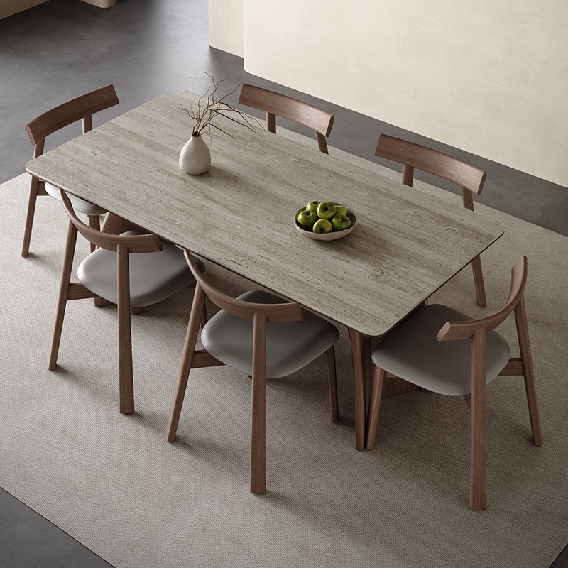 洞石岩板餐桌哑光2025新款家用B小户型胡桃色中古风白蜡木实木餐
