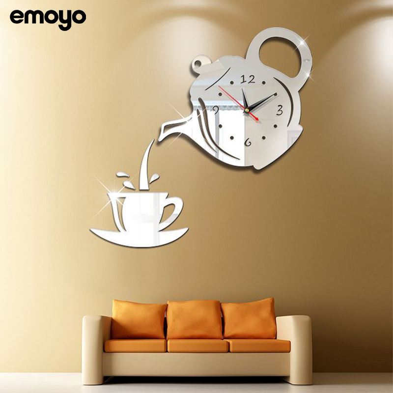 现代简约艺术亚i克力diy茶壶杯挂钟客厅餐厅网红静音时钟挂墙钟表