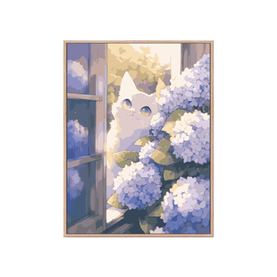 绣球花猫咪可爱治愈填充数字油画diy手绘丙烯油彩画手工装饰挂画