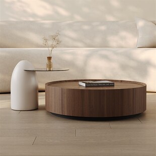 意式圆形实木茶几组合家用客厅小户型北美胡桃木圆茶几简约现代风