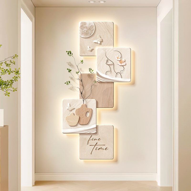 奶油风玄关装饰画高级感线t条人物走廊过道壁灯立体艺术背景墙挂