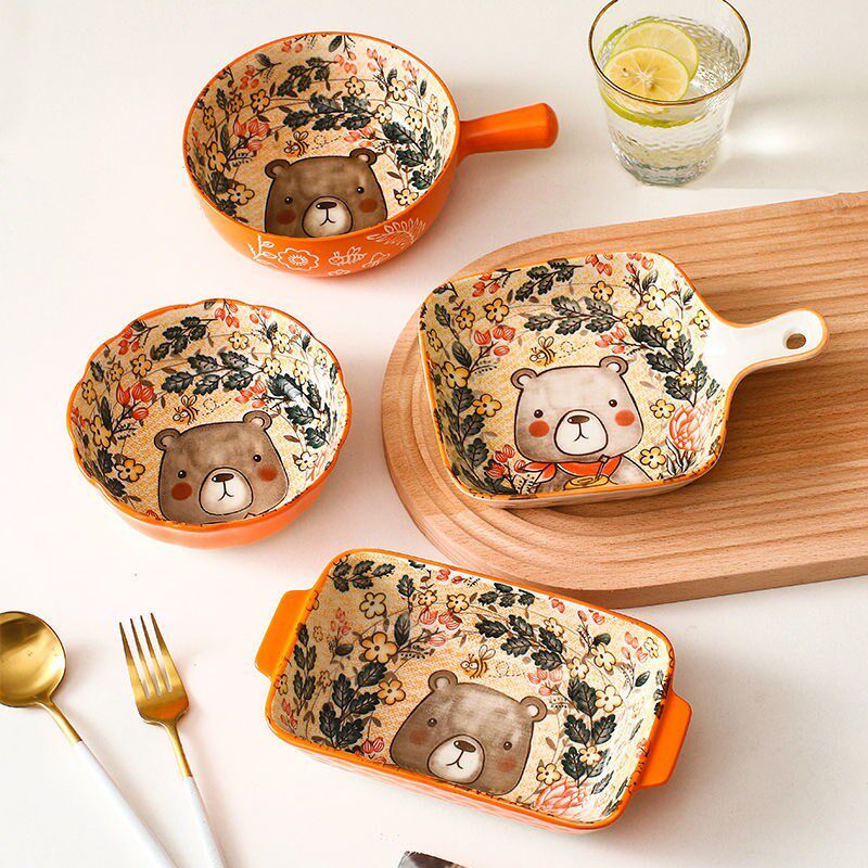 碗碟套装家用餐具可爱创意碗盘一人用卡通陶瓷碗带手柄烤箱碗蒸碗