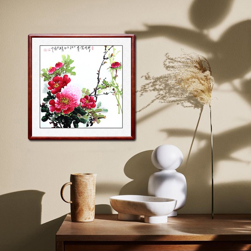 翰澎纯手绘国画牡丹m画图斗方花开富贵玄关客厅装饰画挂画书画壁