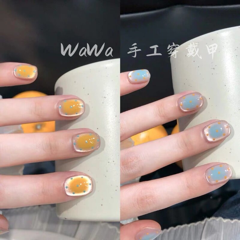 穿戴甲海盐芝士鸳鸯波点猫眼美甲