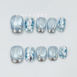 高级感海蓝之星法式爆闪亮片猫眼美甲简约显白纯手工穿戴甲可拆卸
