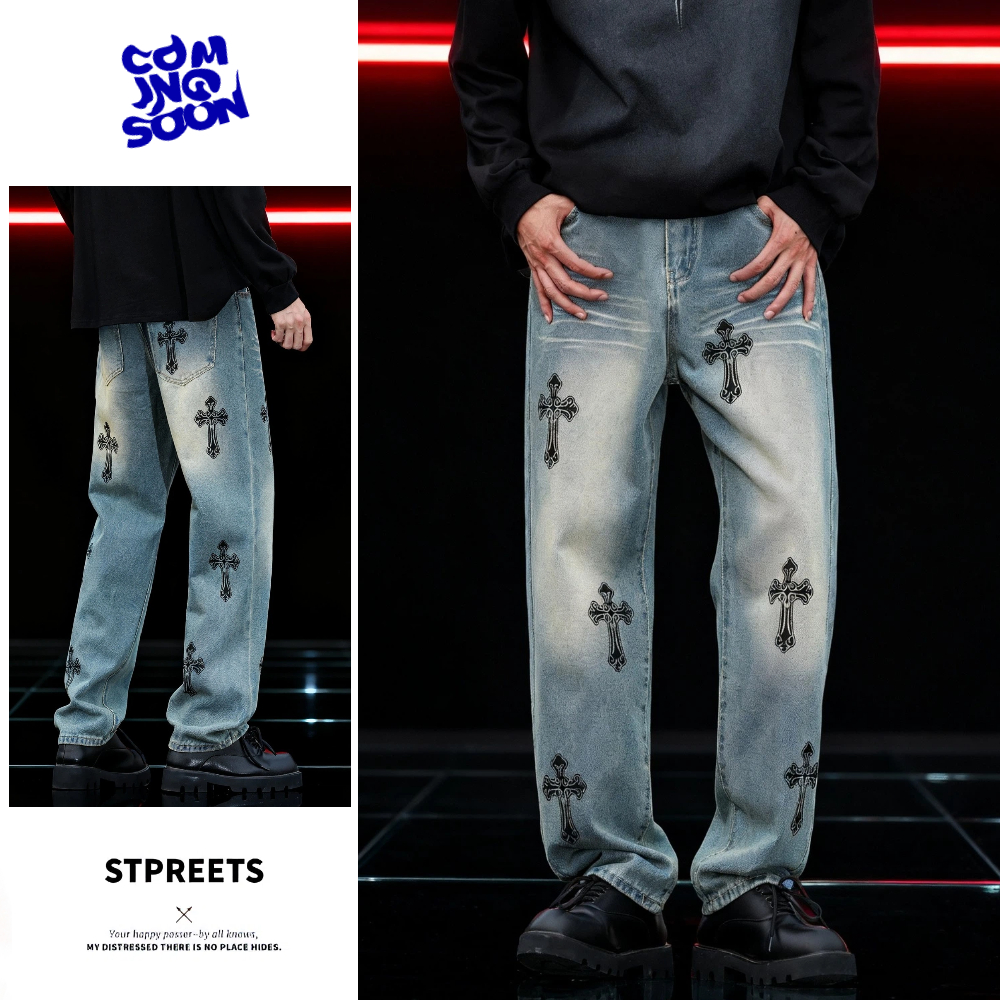 KAPOK2025秋冬新款美式高街牛仔裤男款十字架印花直筒裤子休闲阔