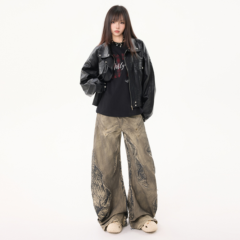 秋季百搭高级皮衣外套宽松落肩多口袋设计感潮牌夹克上衣
