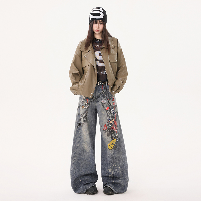 秋季百搭高级皮衣外套宽松落肩多口袋设计感潮牌夹克上衣