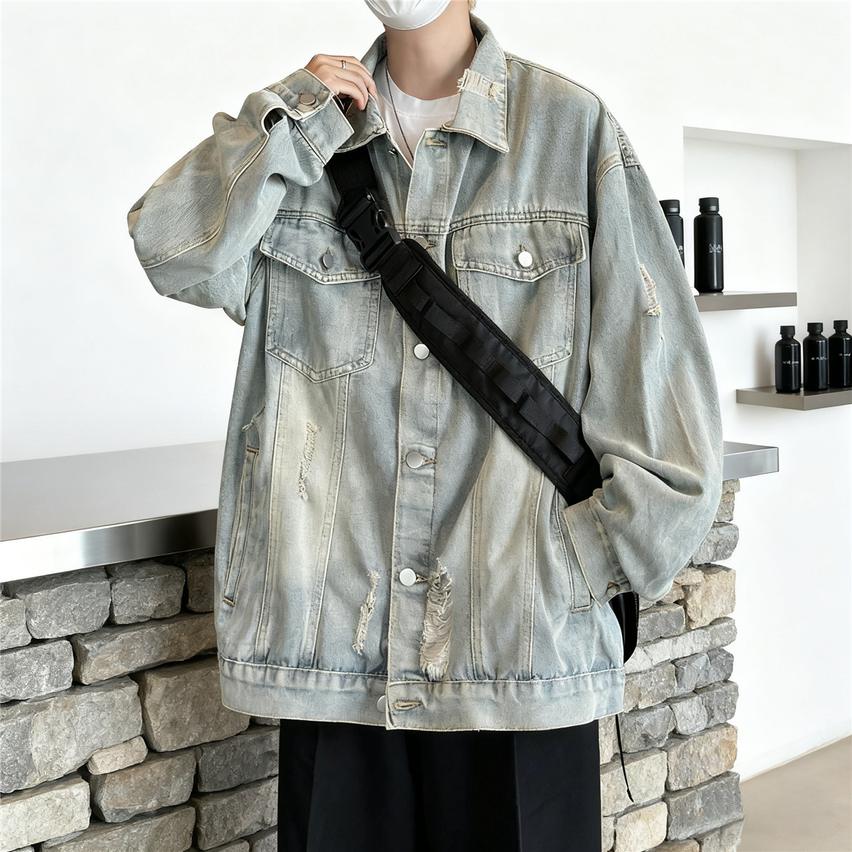 KAPOK牛仔外套男女夹克秋冬款浅蓝上衣日系复古男款破洞牛仔衣潮