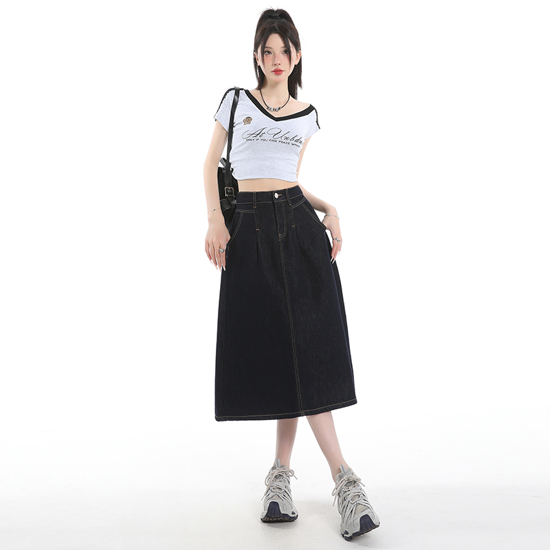 KAPOK深蓝牛仔半身裙女新款高腰显瘦设计感小众长裙子高级感