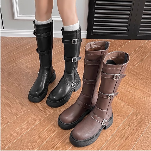 骑士靴女2025新款英伦复古皮带扣机车靴大头粗跟马丁靴工装瘦瘦靴