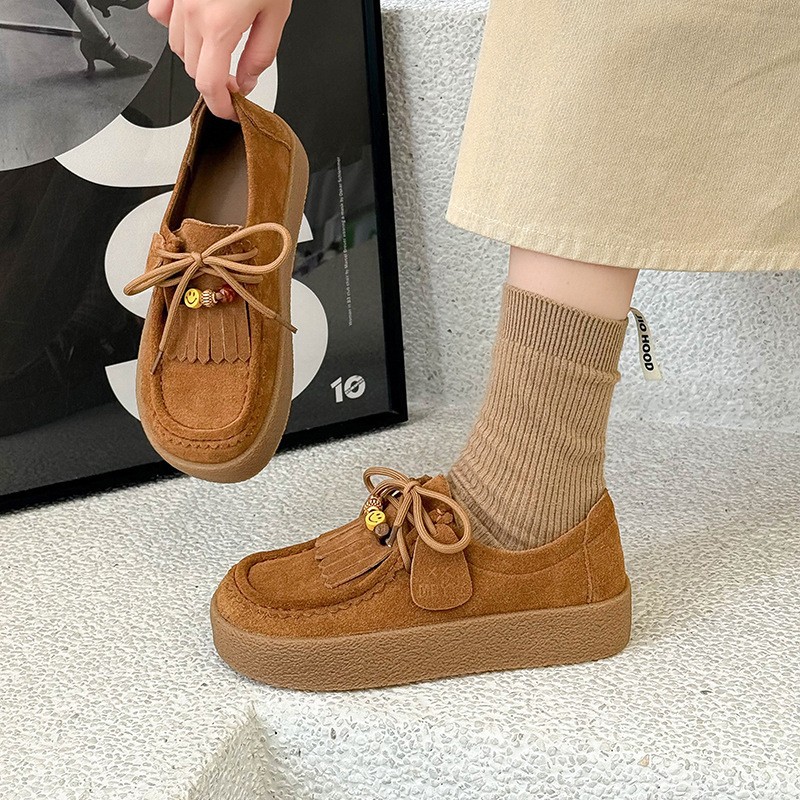 厚底袋鼠鞋女2025秋季新款休闲复古英伦风勃肯鞋反绒皮单鞋乐福鞋