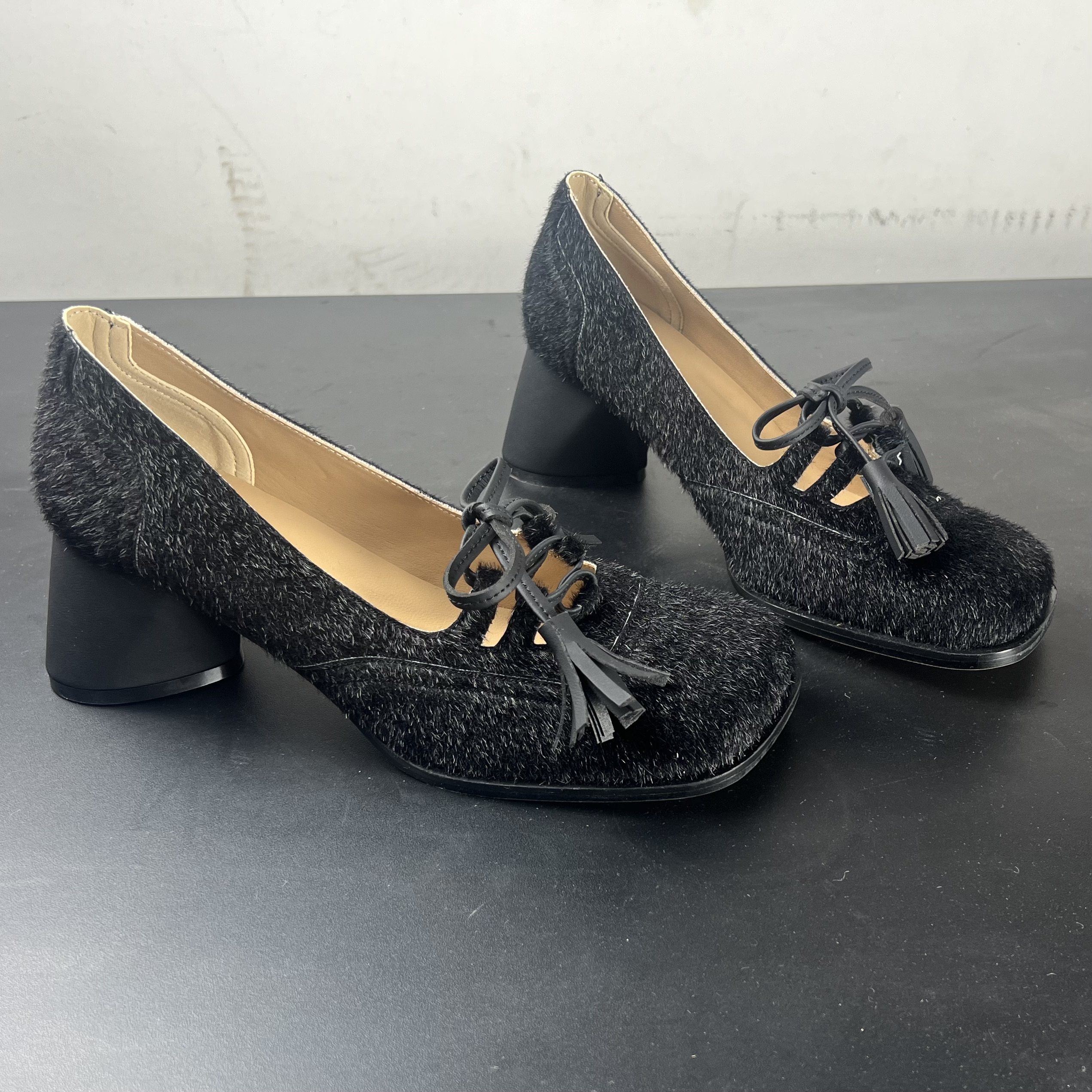 法式复古真皮蝴蝶结粗跟玛丽珍鞋