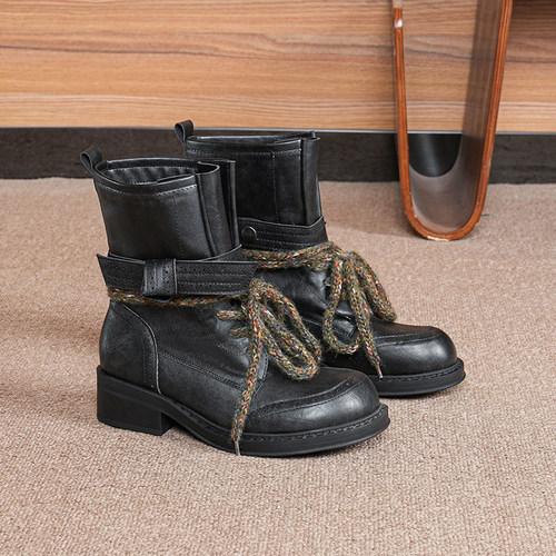 英伦风圆头靴系带真皮马丁靴女